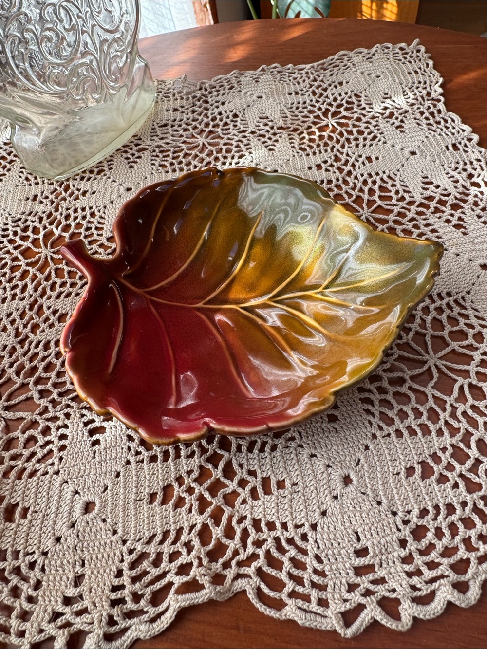 Ceramic Leaf Dish in Red and Gold Glaze